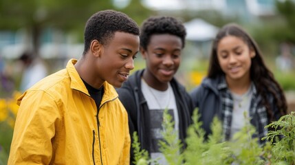 Three teenagers explore a vibrant garden, engaging with plants and enjoying nature together. The scene is bright and cheerful, reflecting a sense of community.