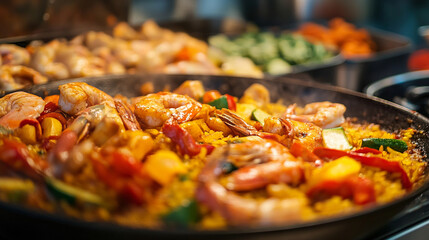 Close-up of paella pan cooking beside stir-fried vegetables, vibrant colors of international cuisine