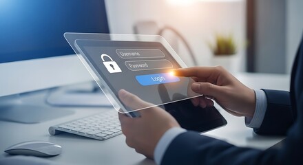 Securing digital access on tablet with padlock icon for data protection and cybersecurity in the modern technology era for online safety