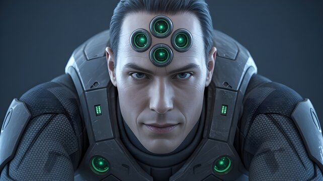Confident male soldier in futuristic blue tactical suit with glowing green helmet, cyberpunk portrait. - Powered by Adobe