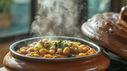 Close-up of Moroccan tagine steaming beside Japanese miso soup, cozy fusion cooking scene