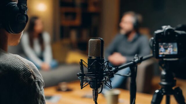 Podcast Recording: Three people are engaged in a live podcast session, capturing audio and video in a home-like studio setting. Capturing the essence of conversation.