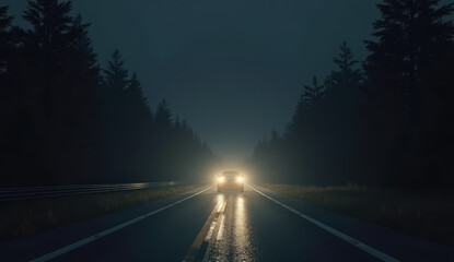 Dramatic road safety illustration showing blinding car headlights at night with a driver’s silhouette shielding their eyes from intense glare. Conceptual visual for awareness campaigns and driving saf