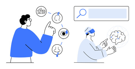 Two characters interacting with sensory icons and virtual brain visualization. Ideal for technology, artificial intelligence, human senses, virtual reality, learning, innovation, simple landing page