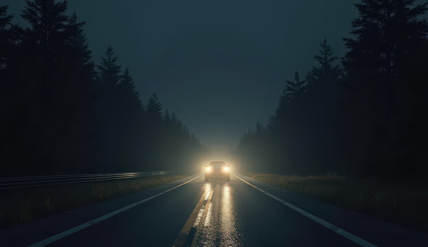Dramatic road safety illustration showing blinding car headlights at night with a driver’s silhouette shielding their eyes from intense glare. Conceptual visual for awareness campaigns and driving saf
