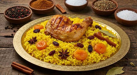 Festive Spiced Yellow Rice with Grilled Chicken on Golden Platter