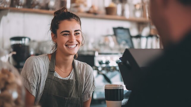 Smiling barista assisting customer Warm and inviting café atmosphere Focus on excellent service and customer satisfaction