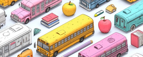 Colorful array of school buses and supplies in a playful cartoon style