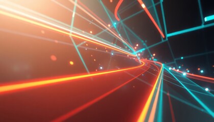 Dynamic abstract digital light trails and glowing particles represent fast data flow, global connectivity, and modern technology. Great for tech and business.