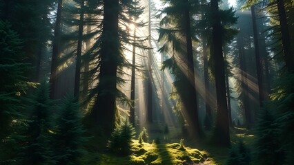 Dense evergreen forest with sunlight rays breaking through.