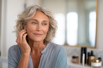 Fototapeta premium A mature woman with curly gray hair touching her ear, looking thoughtfully in a bright bathroom with cosmetics in the background.