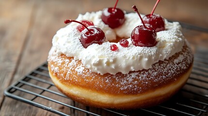 Naklejka premium Berliner donut with whipped cream and cherry wire rack for sale
