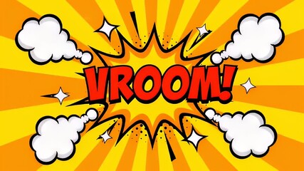 Dynamic cartoon vroom graphic with burst effect on green radial background