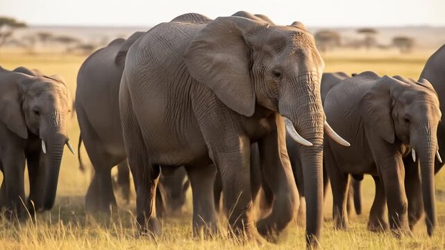Elephant Herd Walking across Golden Grass Field in African Savanna Under Warm Sunlight with Trees in Background