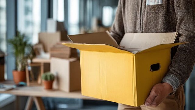 Boxes relocation : A person holds a yellow box ready to be relocated, symbolizing new opportunities, change and fresh beginning in a modern office environment.