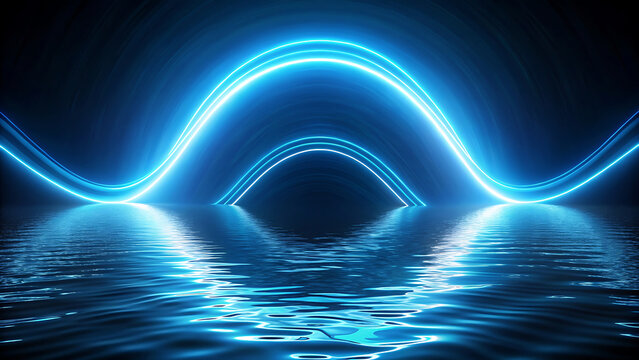 Abstract blue neon light curve over dark water surface glowing futuristic digital background