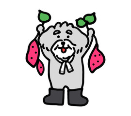 芋掘りをする手描きの犬
