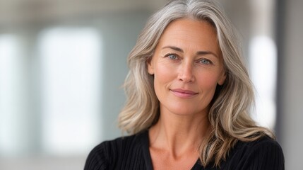 Fototapeta premium A confident mature woman with long gray hair smiles warmly. The setting is bright and modern, conveying a sense of professionalism and approachability.