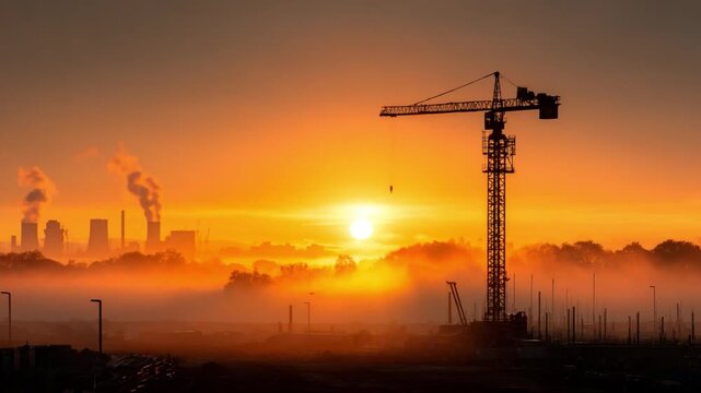 Industrial Dawn: The silhouette of a towering construction crane stands sentinel against a fiery sunrise, amidst a misty industrial landscape, symbolizing progress and innovation in the early morning.