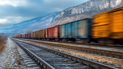 Fototapeta premium Freight train blurring past rocky landscape motion captured Tracks recede into distance a symphony of speed against nature's backdrop