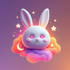 Cute 3D Bunny on Colorful Clouds and Stars