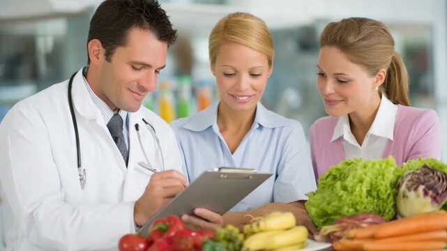 Nutrition Consultation: A medical expert, flanked by two women, consults on the virtues of organic produce and a balanced, health-conscious lifestyle.