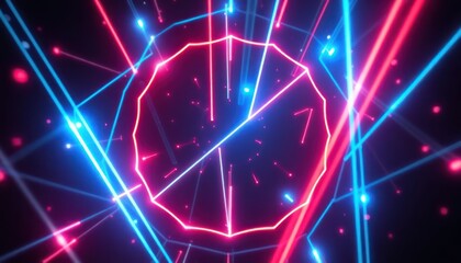 Vibrant abstract neon light tunnel with glowing blue and red lines. Ideal for technology, digital communication, gaming, futuristic concepts, or dynamic backgrounds.