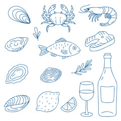 Mediterranean cuisine doodle set. Hand-drawn food and drink sketch illustrations for menu, cafe, restaurant or bar design.