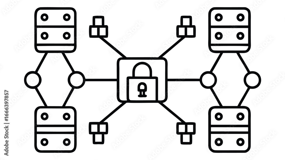 Aufkleber outline illustration of a secure network with a central lock connected to blocks and cube stacks