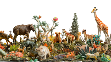 Whimsical Scene Featuring Vintage Toy Creatures on white background