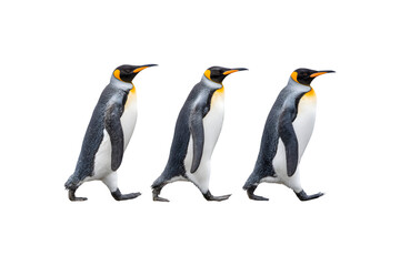 Fototapeta premium Three penguins walking together in a playful manner 