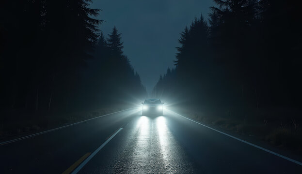 Dramatic road safety illustration showing blinding car headlights at night with a driver’s silhouette shielding their eyes from intense glare. Conceptual visual for awareness campaigns and driving saf