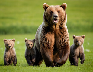 Fototapeta premium Brown bear, ursus arctos, mother with two cubs on green meadow with copy space. Wide panoramic banner of wild mammal with her lovely offsprings. Animal wildlife, brown bear with his kids in the forest