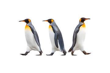 Fototapeta premium Three penguins walking together in a playful manner 
