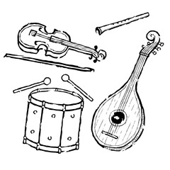 Hand drawn engraving style set of medieval musical instruments. Includes lute, violin, drum, and flute. Vintage antique illustration pack in gothic heraldic style