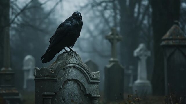 Black raven perched on old tombstone in misty graveyard, mysterious gothic atmosphere, eerie bird scene, dark moody tone, Halloween horror vibe 4K video