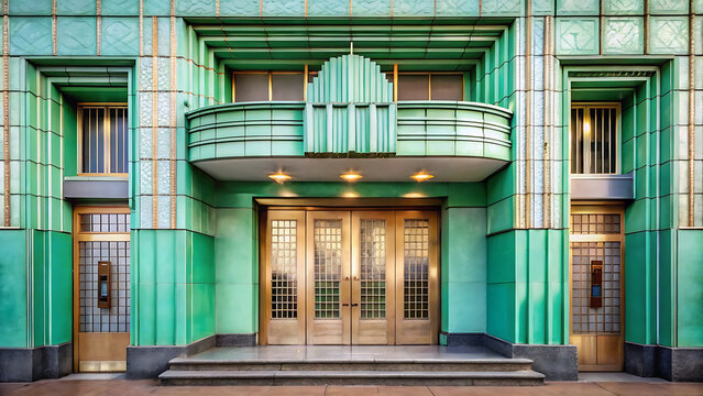 Art deco cinema entrance with recessed mint green lighting vintage architectural retro style  