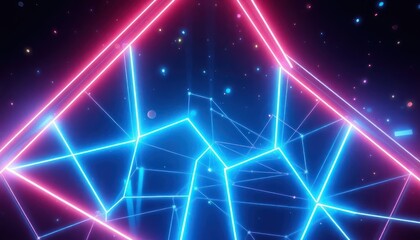 Vibrant neon geometric lines form an abstract, futuristic background with sparkling particles. Ideal for technology, gaming, parties, or digital design concepts.