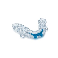 ​A clear dental night guard with a central blue insert and wire clasps, photographed for a product catalog