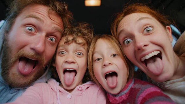 Playful Family Faces: A close-up shot captures a lively family's cheerful expressions, tongues playfully sticking out, radiating joy.