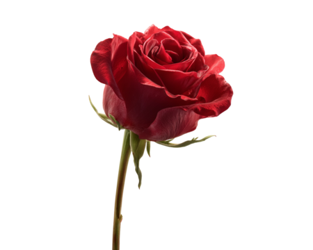 Single red rose with stem and leaves