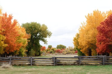 Vibrant autumn landscape featuring a wooden fence, surrounded by colorful trees in shades of orange, yellow, and red, creating a serene natural environment with a peaceful atmosphere