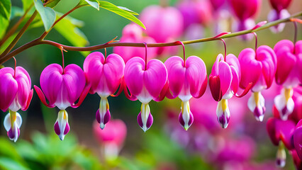 Close up of drooping pink and purple bleeding heart flowers in soft romantic garden setting  