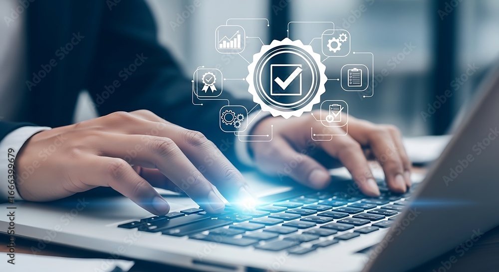 Poster businessman using a laptop with quality assurance icon for guarantee product and iso standard organi