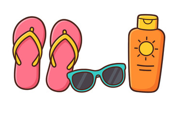 Summer vacation beach accessories icon set. Vector cartoon illustration with flip flops, sunglasses, and sunblock. Holiday essentials for sun protection and travel concept.