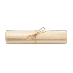 A rolled up bamboo mat secured with a string tie against a plain black background space above