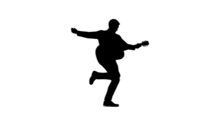 Silhouette of a man playing guitar and dancing on a black background in a dynamic pose
