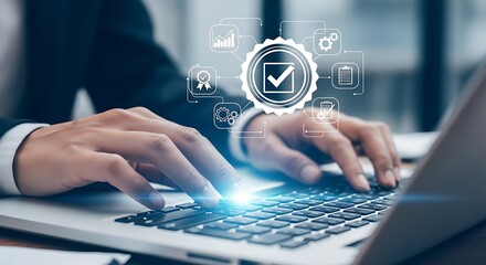 Businessman using a laptop with quality assurance icon for guarantee product and iso standard organization certification concept on virtual screen