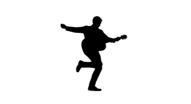 Silhouette of a man playing guitar and dancing on a black background in a dynamic pose