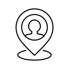 Map pin with a person line icon. User location. Profile position. GPS position marker with a man silhouette inside. Symbol of user presence, community, membership, navigation. Vector illustration.